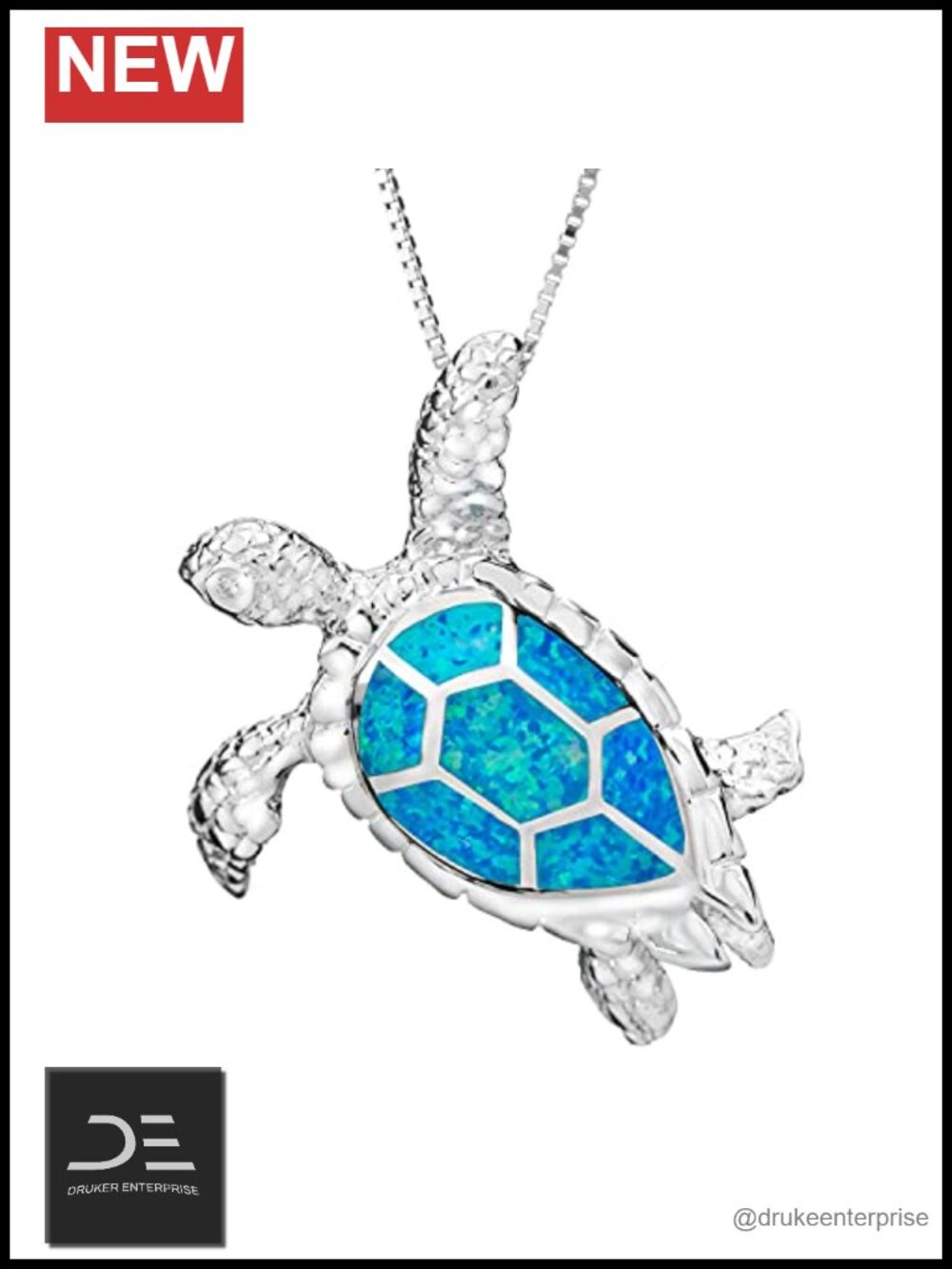 925 Sterling Silver Blue Opal 3D Sea Turtle Pendant Necklace 18" Box Chain